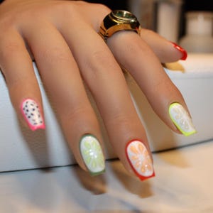 Fruit Salad Nails | Fruit Nails | 3D Gel | Press On Nails | Summer Nails | Gel Press On Nails | Hand-painted