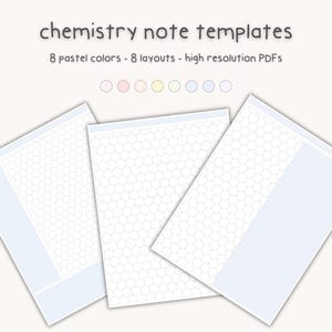 May include: Three pastel-colored chemistry note templates with a honeycomb pattern and a light blue border. The text at the top reads "chemistry note templates". The templates are designed with 8 pastel colors and 8 layouts.