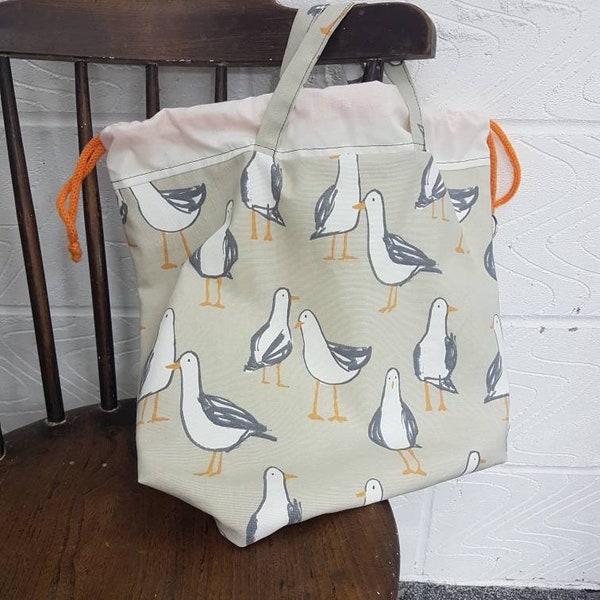 Project bag, Drawstring bag, knitting bag, yarn holder, knitting project bag, crochet project bag, WIP bag, seagull   XL size, shopping bag