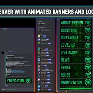 May include: A screenshot of a Discord server with a green and black color scheme. The server has a logo with the letters "TF" in a circle. The server has a variety of channels, including "About Server", "Boosters", "Giveaways", "Level Up", "Live Alert", "News", "Perks", "Rules", and "Verification".