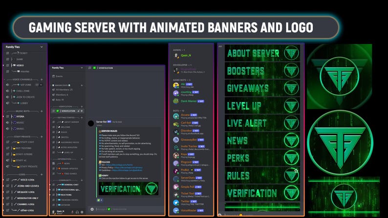 May include: A screenshot of a Discord server with a green and black color scheme. The server has a logo with the letters "TF" in a circle. The server has a variety of channels, including "About Server", "Boosters", "Giveaways", "Level Up", "Live Alert", "News", "Perks", "Rules", and "Verification".