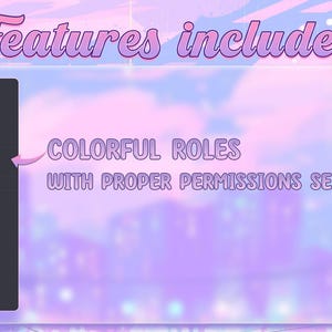 May include: A screenshot of a Discord server showing a list of roles with different colours. The text "COLORFUL ROLES WITH PROPER PERMISSIONS SETUP" is displayed against a blurred background.