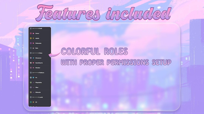 May include: A screenshot of a Discord server showing a list of roles with different colours. The text "COLORFUL ROLES WITH PROPER PERMISSIONS SETUP" is displayed against a blurred background.