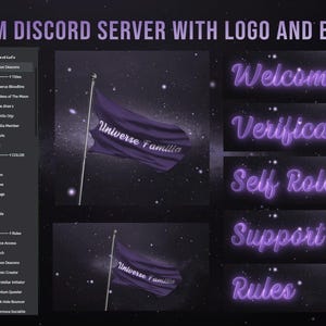 May include: A purple Discord server banner with a galaxy background and the text "Universe Familia". The banner has a neon purple glow and the text "Welcome", "Verification", "Self Roles", "Support", and "Rules" on separate banners.