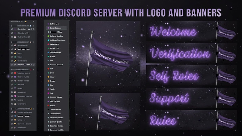 May include: A purple Discord server banner with a galaxy background and the text "Universe Familia". The banner has a neon purple glow and the text "Welcome", "Verification", "Self Roles", "Support", and "Rules" on separate banners.
