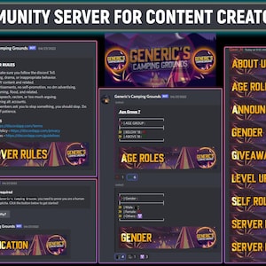May include: A screenshot of a Discord server for content creators called "Generic's Camping Grounds". The server has a variety of channels, including "About Us", "Age Roles", "Announcements", "Gender", "Giveaways", "Level Up", "Self Roles", "Server Boosts", and "Server Rules".