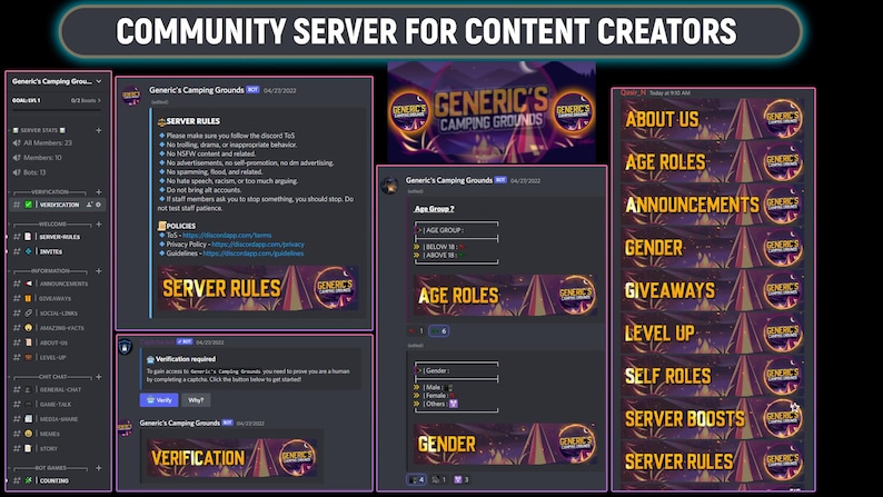May include: A screenshot of a Discord server for content creators called "Generic's Camping Grounds". The server has a variety of channels, including "About Us", "Age Roles", "Announcements", "Gender", "Giveaways", "Level Up", "Self Roles", "Server Boosts", and "Server Rules".