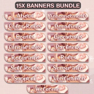 May include: A bundle of 15 banners with various titles, including "About," "Announcements," and "Giveaways." Each banner has a pink and brown color scheme with heart and bunny illustrations. The text "15X Banners Bundle" is at the top.