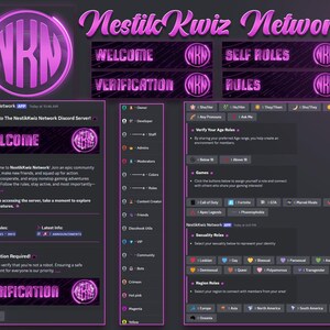 May include: A purple and black Discord server interface with the text "Nestik Kwiz Network" and "Welcome" in a banner. The server has a variety of channels, including "Verification", "Self Roles", and "Rules".