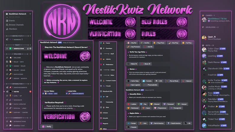 May include: A purple and black Discord server interface with the text "Nestik Kwiz Network" and "Welcome" in a banner. The server has a variety of channels, including "Verification", "Self Roles", and "Rules".