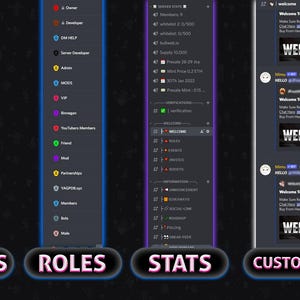 May include: A screenshot of a Discord server showing the channels, roles, stats, and a custom welcome message. The server has a dark theme with a blue and pink border. The welcome message says "Welcome to The Trilby's Market!"