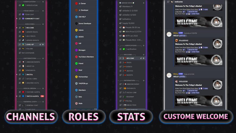 May include: A screenshot of a Discord server showing the channels, roles, stats, and a custom welcome message. The server has a dark theme with a blue and pink border. The welcome message says "Welcome to The Trilby's Market!"