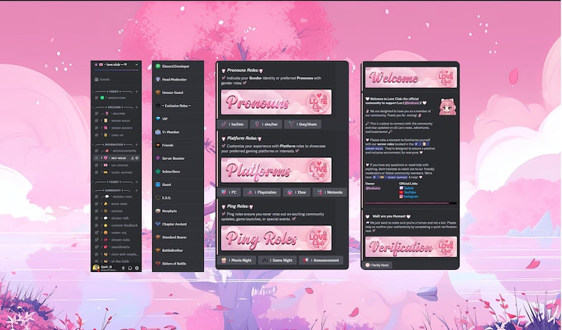 May include: A pink and white digital illustration of a cherry blossom tree with a pink sky and clouds. The image features a Discord server interface with text that reads "Welcome", "Pronouns", "Platforms", "Ping Roles", and "Verification".