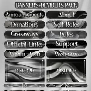Peut inclure: Ensemble de bannières et de séparateurs Discord en noir et blanc. Les bannières comprennent du texte tel que "Annonces", "À propos", "Dons", "Rôles personnels", "Cadeaux", "Règles", "Liens officiels", "Support", "Vérification" et "Bienvenue".