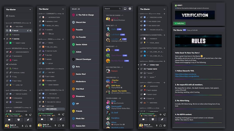 May include: A screenshot of a Discord server called "The Glacier" with a list of members and their roles. The roles include "The Fish in Charge", "Discord Dev", "Founder", "Co-Founder", "Senior Admin", "Admin", "Discord Developer", "Beta", "Senior Mod", "Moderators", "Trial Mod", "Streamers", "VIP", "Friends", "Music Bot", and "Games Bot". The server also has a section for rules, which include following Discord's TOS, being respectful to all members, no advertising, and no NSFW content.