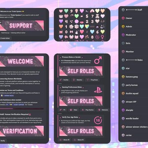May include: A Discord server interface with a pink and black colour scheme. The server has a welcome message, a verification section, and a self-roles section. The server also has a list of roles, including staff, moderator, beta, member, star, banana gang, party bunnies, and more.