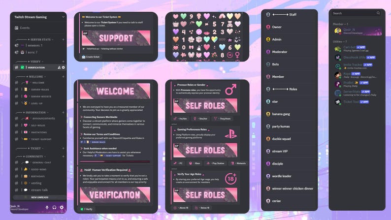 May include: A Discord server interface with a pink and black colour scheme. The server has a welcome message, a verification section, and a self-roles section. The server also has a list of roles, including staff, moderator, beta, member, star, banana gang, party bunnies, and more.