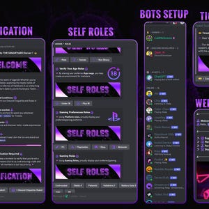 May include: A screenshot of a Discord server interface with a purple and black color scheme. The server is called "The Graveyard" and features a welcome message, verification process, self-assignable roles, bot setup, and a ticket system.