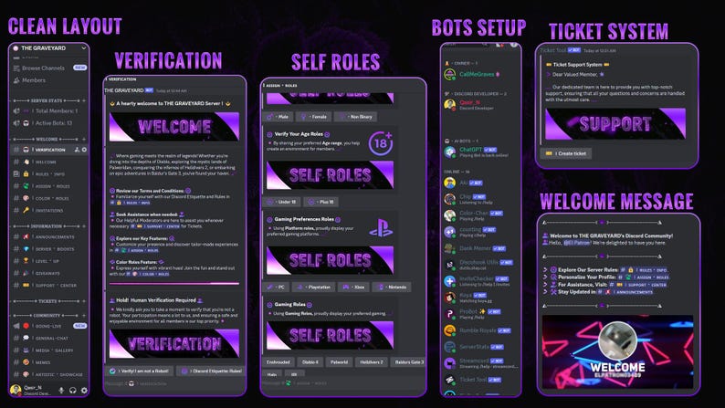 May include: A screenshot of a Discord server interface with a purple and black color scheme. The server is called "The Graveyard" and features a welcome message, verification process, self-assignable roles, bot setup, and a ticket system.