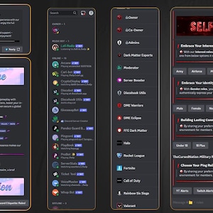 May include: A screenshot of a Discord server with a welcome message, a list of online members, and a section for self-assigning roles. The roles include categories for interests, gender identity, age range, and ping preferences. The server is called "Groundsrove Server".