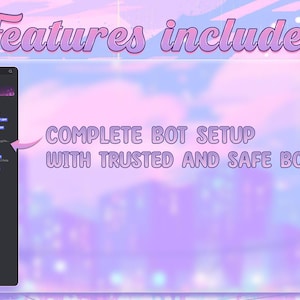 May include: A screenshot of a Discord server with a list of bots. The text "COMPLETE BOT SETUP WITH TRUSTED AND SAFE BOTS" is displayed on a pink and purple background.