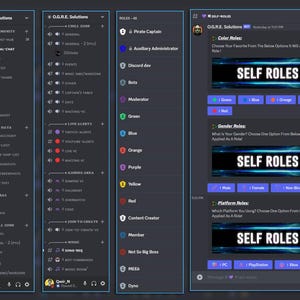 May include: A screenshot of a Discord server with a list of self-assignable roles. The roles are categorized by color, gender, and platform. The server is called "O.G.R.E. Solutions".