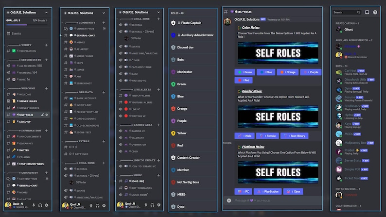 May include: A screenshot of a Discord server with a list of self-assignable roles. The roles are categorized by color, gender, and platform. The server is called "O.G.R.E. Solutions".