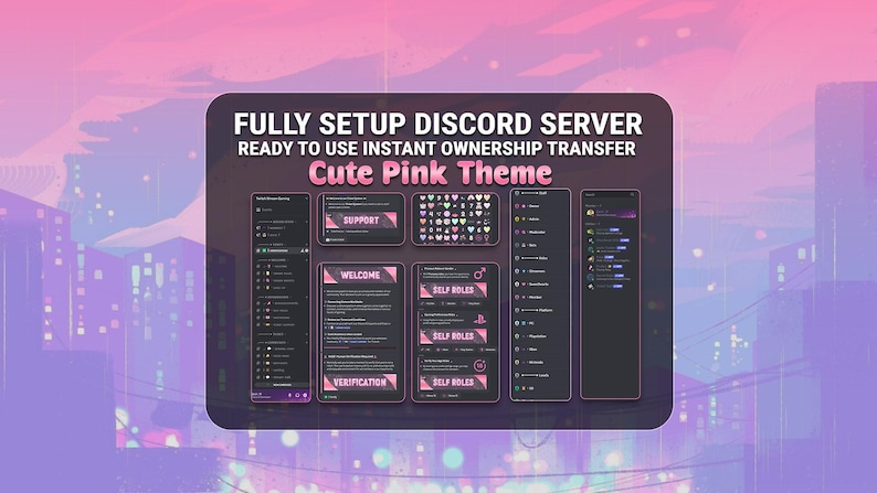 May include: A screenshot of a Discord server setup with a cute pink theme. The server includes channels for support, welcome, verification, and self-roles. The server also features a variety of emojis.