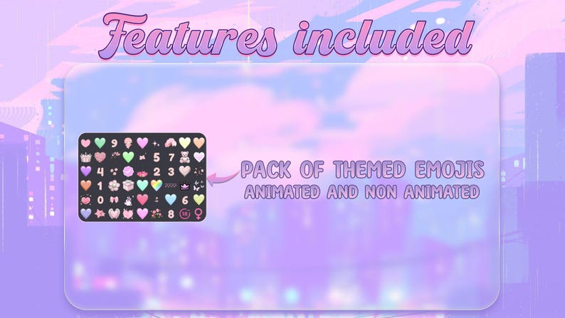 May include: A digital keyboard with a pink and white colour scheme. The keyboard features a variety of emojis, including hearts, stars, and other cute designs. The text "PACK OF THEMED EMOJIS ANIMATED AND NON ANIMATED" is displayed above the keyboard.