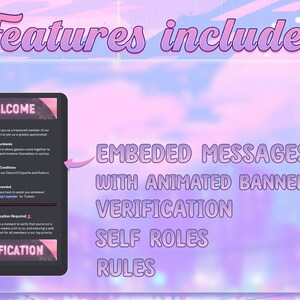May include: A purple and pink gradient background with a dark grey box in the centre. The box contains text that says "WELCOME" and lists features of a Discord server, including embedded messages with animated banners, verification, self roles, and rules.