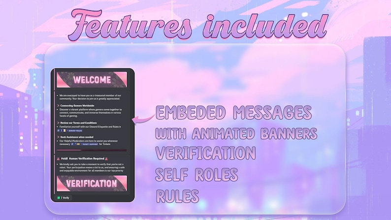 May include: A purple and pink gradient background with a dark grey box in the centre. The box contains text that says "WELCOME" and lists features of a Discord server, including embedded messages with animated banners, verification, self roles, and rules.