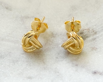 Gold Plated Knot Stud Earrings, Sterling Silver 925
