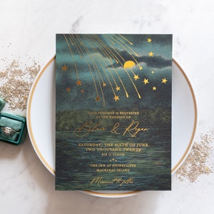 Gold Foil Wedding Invitation, Lake Wedding Invitations, Starry Night Wedding Invitations, Moon and Stars, Destination Wedding Invitation