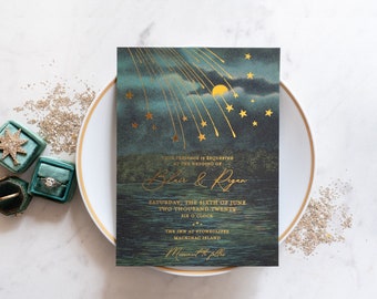 Gold Foil Wedding Invitation, Lake Wedding Invitations, Starry Night Wedding Invitations, Moon and Stars, Destination Wedding Invitation