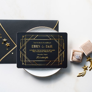 Gatsby Art Deco Save the Date: Black and Gold Wedding Invitations