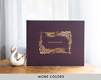 Burgundy Wedding Guest Book: Gold Foil Vintage Flourish Photo Album