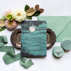 Forest Wedding Invitations, Emerald Wedding invitations, Script Wedding, Woodland, Moon and Stars, Enchanted Forest Wedding Stationery