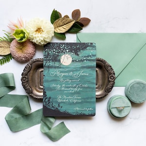 Forest Wedding Invitations, Emerald Wedding invitations, Script Wedding, Woodland, Moon and Stars, Enchanted Forest Wedding Stationery