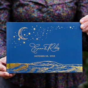 Celestial Wedding Guest Book, Navy Blue and Gold Wedding Photo Album, Silver or Gold Moon Stars, Polaroid Photo Album, Moon and Stars