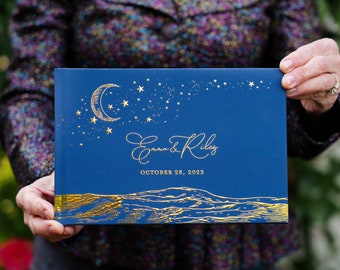 Celestial Wedding Guest Book: Navy Blue, Gold Moon & Stars Photo Album