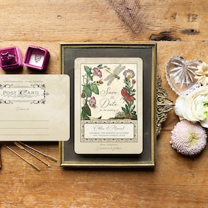Vintage Botanical Save the Date Postcards: Art Nouveau Wedding