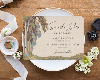 Forest Wedding Save the Date Postcards: Vintage Woodland Garden Trees