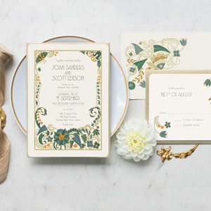 Emerald Wedding Invitation, Floral Wedding Invitation, Art Deco Wedding Invitation, Great Gatsby,  Boho Wedding, Vintage Botanical Wedding