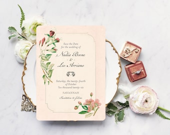 Art Nouveau Wedding Save the Date Cards: Vintage Botanical Flower Blossoms