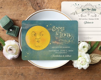 Moon and Stars Save the Date Cards Postcards, Teal Constellation Save the Date, Vintage Save the Date, Starry Night, Celestial Wedding