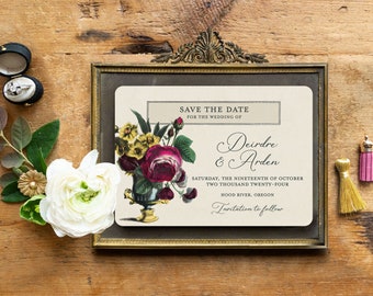 Vintage Botanical Save the Dates, Rose and Dahlia Save the Date Postcards, Floral Botanical Garden, Vintage Botanical - Flora