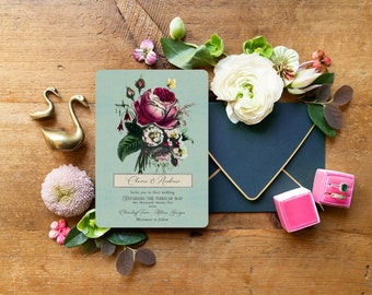 Colorful Floral Wedding Invitations, Vintage Botanical Wedding Suite, Victorian Flower Wedding Invitations - Colorful Roses