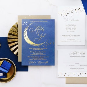 Vintage Moon and Stars Wedding Invitation, Navy and Gold Celestial Invitation, Blue Moon, Night Sky Invitation, Starry Night, Crescent Moon image 1