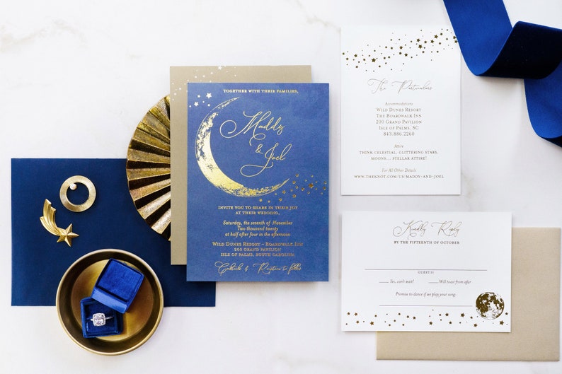 Vintage Moon and Stars Wedding Invitation, Navy and Gold Celestial Invitation, Blue Moon, Night Sky Invitation, Starry Night, Crescent Moon image 1