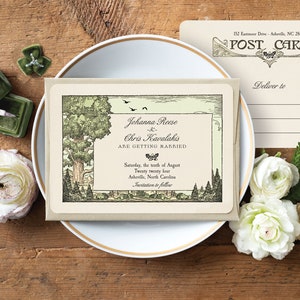 Forest Save the Date Postcards, Woodland Save the Date Wedding Invitations, Nature Mountain Invitations, Sequoia Redwood Wedding